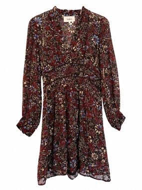 ba&sh Burgundy blue Multi Floral Long-Sleeve V-Neck boho pattern Dress designer